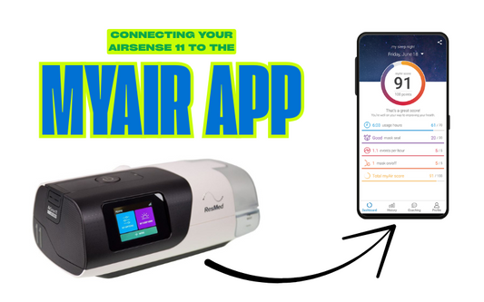 User pairing a ResMed AirSense 11 CPAP machine with the MyAir app on a smartphone for therapy tracking