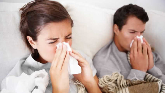 Sick couple in bed blowing their nose